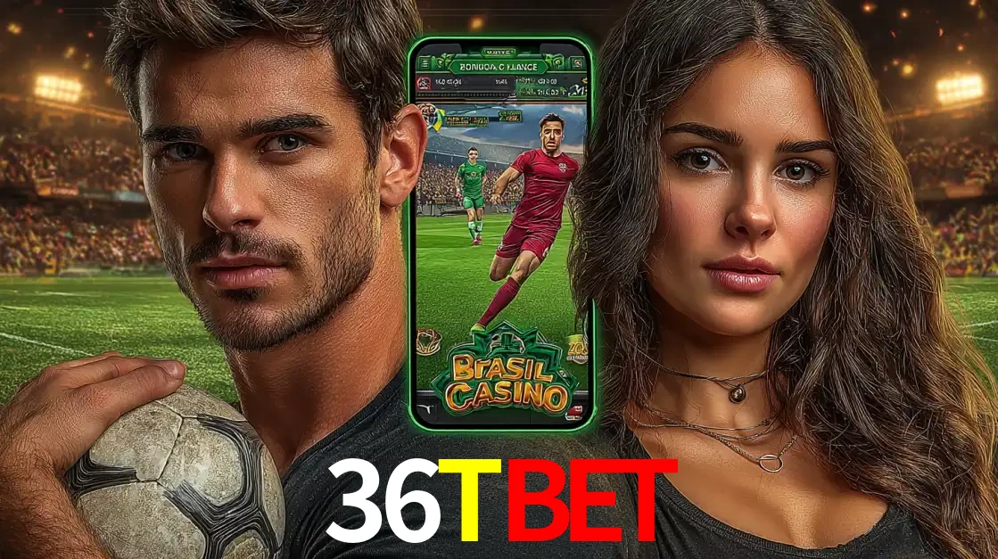 Homem segurando uma bola de futebol e uma mulher ao lado de um smartphone exibindo o jogo de apostas esportivas da 36TBET. Faça seu palpite no cassino online.